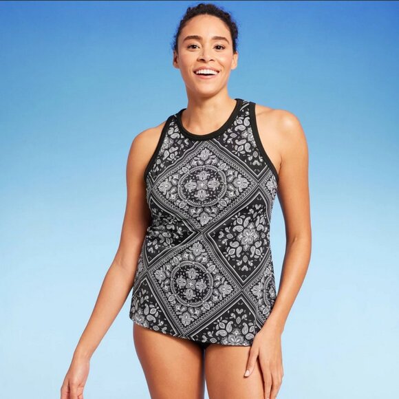 Lands' End Women's UPF 50 Bandana Print High Neck Tankini Top - Black S - Picture 1 of 3